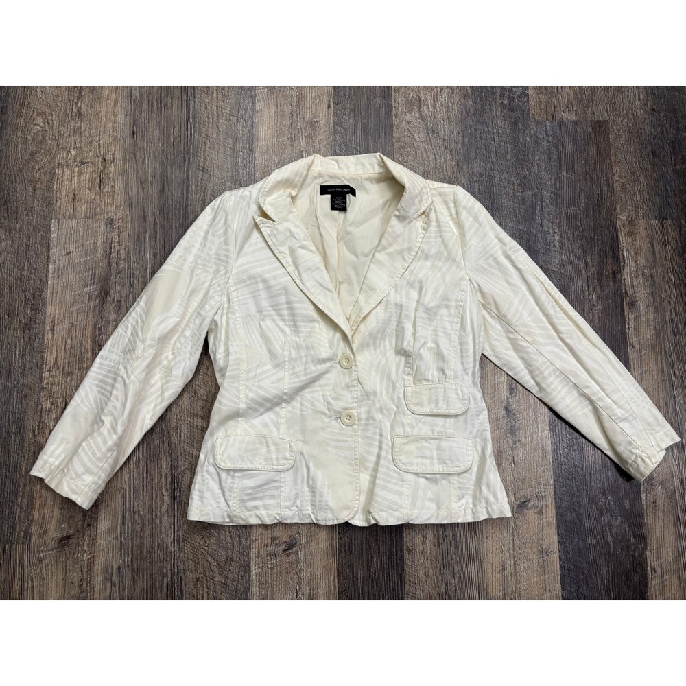 Calvin Klein Jeans Womens XL White Tropical Palm Leaf Cotton Blazer Jacket